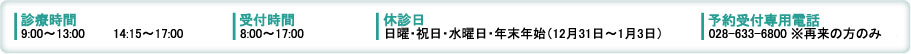 診療時間 9:00~13:00 14:15~17:00/受付時間 8:00~17:00/休診日 日曜・祝日・水曜日・年末年始(12月31日~1月3日)/予約受付専用電話 028-633-6800 ※再来の方のみ